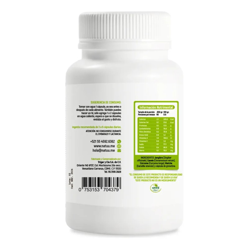 Té Verde Natuu Jengibre, Canela, Matcha, Cúrcuma 90 Caps