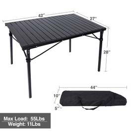 REDCAMP Aluminum Camping Table with Roll Up Table Top, Portable Folding Metal Camp Table with Carry Bag, Easy to Setup, Black 42x27 inches