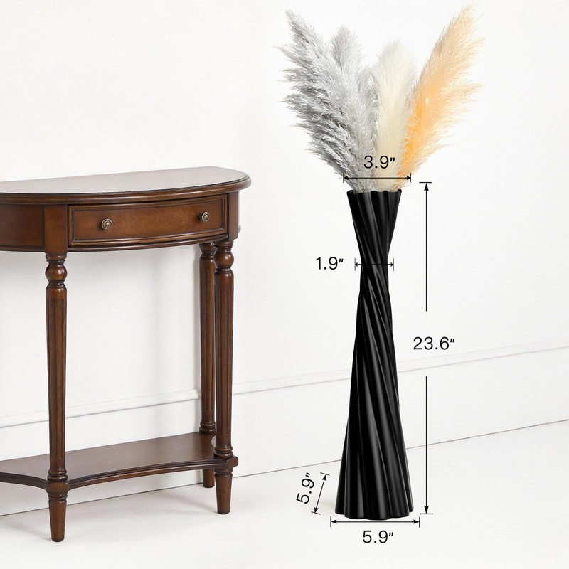 Tall Black Floor Vase 23.6″ – Glossy Twisted Resin Decorative