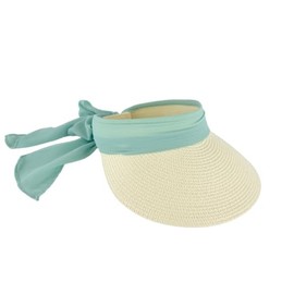 Straw Sun Visor with Scarf Bow Velcro Adjustble Back (US, Alpha, One Size, Tan/Seafoam)