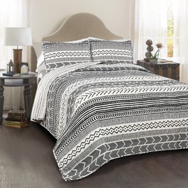 Lush Decor Hygge Geo Pattern Striped 3 Piece Quilt Bedding Set, Full/Queen, Black & White