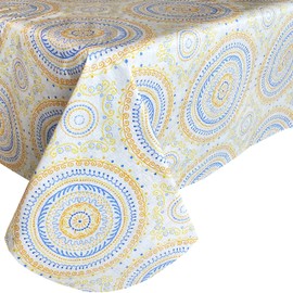 Newbridge Boho Circle Stitch Vinyl Tablecloth with Flannel Backing, Blue, Yellow and Coral Spring and Summer Indoor Outdoor Flannel Backed Vinyl Tablecloth, 60 Inch x 84 Inch Oblong/Rectangle