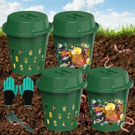 TOP XIAN 4-Pack Inground Worm Composter, Outdoor Worm Compost Bin for Garden Beds & Home Use, Vermicomposting Bin for Beginners (9.5x9.5x10.8Inch), Green
