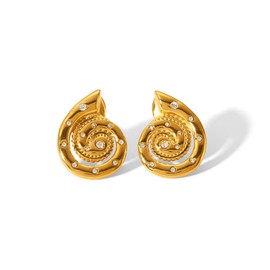 Shell Earrings For Women, Spiral Chunky Gold Plated Stainless Steel Seashell Rhinestone Statement Studs For Summer Beach Hypoallergenic Trendy Jewelry Gifts (Zircon Shell Gold)