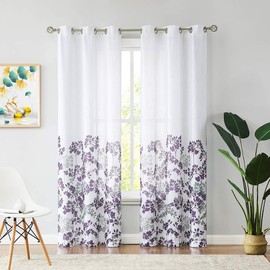 Grey Purple Semi-Sheer Curtains 84 Inches Long for Living Room Bedroom, Floral Pattern Print on White Linen Textured Drapes, Grommet Top Window Treatments 42" W 2 Panel Sets