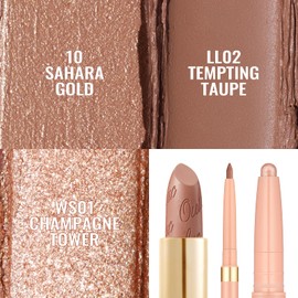 Oulac Lip & Eye Makeup Set 3PCS Included Shimmer Lipstick, Lipliner, Eyeshadow, Gift Lipstick for Women, 10+LL02+WS01