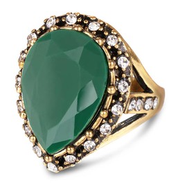 HAIXIAN Gold Black Obsidian Stone Ring for Women,Retro14K Yellow Gold Plated Waterdrop Shap Gemstone Crystal Ring,Cocktail Party Signet Ring Jewelry for Women Her (Ring_B, 8)