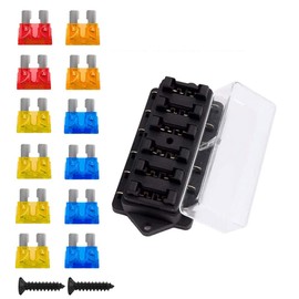 KACEPAR 6-Way Blade Fuse Box with ive Cover, Fuse Box Holder Panel with 5A 10A 15A 20A, Standard Blade Fuses Spade Connector Set for 12V-24V Car Boat Bus RV Truck Marine