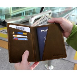 Habitoux Crazy Horse Genuine Cow Leather Passport Holder Travel Wallet Card Holder - RFID Blocking Bifold Wallet for Men and Women