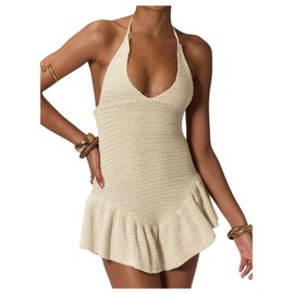 MakeMeChic Women's Crochet Halter Dress Tie Backless Ruffle Hem Y2k Mini Dresses Cream Medium