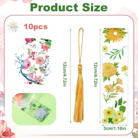 10pcs Flower Acrylic Bookmarks, Transparent Book Marker Floral with Tassel Pretty Pressed Flower Resin Initial Bookmark Pretty Flower Book Mark Gift for Family Friends Book Lover Teacher Writer