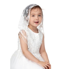 PAMOR Triangle First Communion Veils for Girls Lace Chapel Veil Mantilla Veils Latin Mass Church Veil for Catholic Baptism (White B)