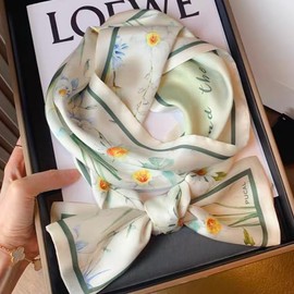 GIMIRO Satin Silk Scarf Double Layers 150 x 16 cm Tie Flowers Waist Belt for Blazer, Coat, Dress, 25# Green/White Floral