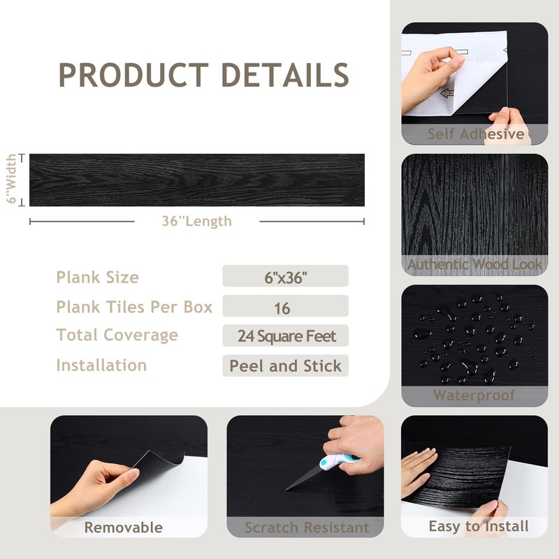 VEELIKE Black Vinyl Plank Flooring Peel and Stick Floor Tile