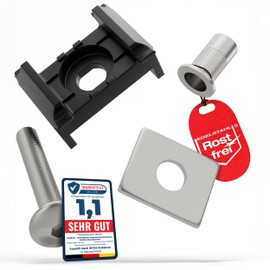 Qualinos 10 x high-quality double rod mat fencing mounting: clamping plate, screw, rivet nut made of V2A and UV-stabilised clamp block, colour: black 9005. Clamp tab and fence holder, made in Germany