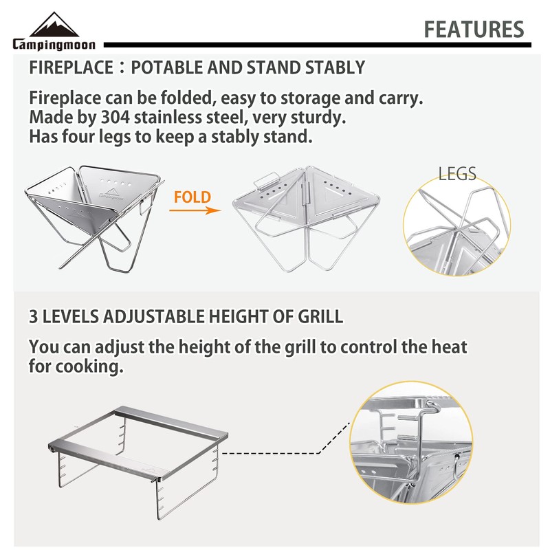 CAMPINGMOON 3-in-1 Portable Stainless Steel Wood Burning Grill and Fire