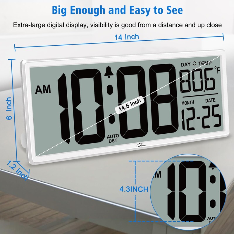 WallarGe Backlight Digital Wall Clock Battery Operated - with Temperature
