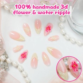 BABALAL Almond Press on Nails Medium Fake Nails Yellow French Tip Glue on Nails 3D Texture Design Flower Pink Acrylic Nails 24Pcs Handmade False Nails Glossy Stiletto Manicure Stick on Nails