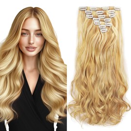 Vlasy Hair Extensions Clip in,7PCS Wavy Clip in Extensions,20 Inches Long Synthetic Clip on Hair Hairpiece Full Head for Women Girls(10/16#)