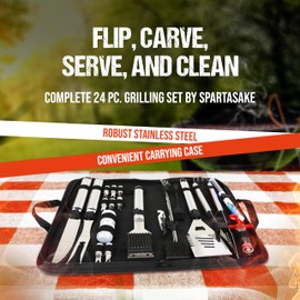 SpartaSake 24 Pc. BBQ GrillTools – Stainless Steel BBQ Utensils for Grill, Smoker & Blackstone– BBQ Grill Accessories Grilling Gift for Men & Women with Spatula, Thermometer & Tongs - Steel Handle