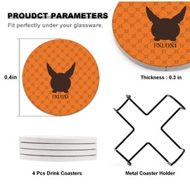 Light Luxury Cat Monogram Ceramic Round Absorbent Coasters with Cork Bottom and Metal Holder 4 Pack for Home Office Desktop Decoration (Beige)