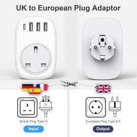 UK to European Plug Adaptor - UK to EU Plug Adapter Euro Europe European Schuko USB C Travel Charger with USBC Type C for France Germany Spain Turkey Greece Poland Iceland Russia (Type E/F) Tusreda