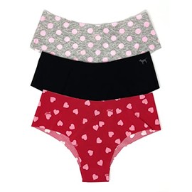 Victoria's Secret PINK Cheekster Panty Set of 3 Small No Show Gray Dot/Black/Red Hearts