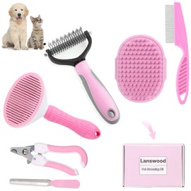 Lanswood Dog Brush Dog Grooming Kit 6PCS Dog Brush for Shedding-Dog Brushes for Grooming, Dematting Comb for Dogs, Cat & Dog Nail Clipper with Nail File, Flea Comb, Dog Bath Brush-Pink