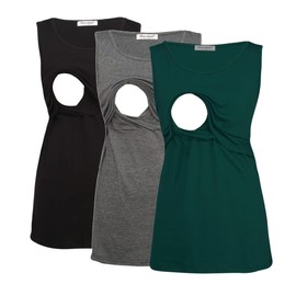 Bearsland Women's 3 Pack Sleeveless Maternity Nursing Tank Tops Breastfeeding Shirts,Black+Gray+Green,M