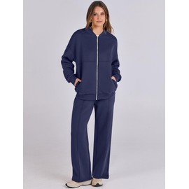 ANRABESS Women 2 Piece Outfits Lounge Set Oversized Zip Up Sweatshirt Jacket Sweatpant Matching Sweat Sets Winter Sweatsuits Navy Blue S