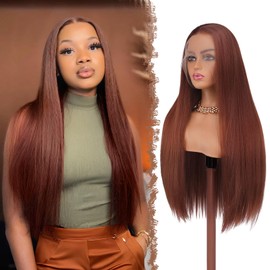 FESHFEN 13x4 Lace Front Wig - 30 inch Long Straight Copper Brown Wigs Glueless Hair Wig for Black Women Synthetic Heat Resistant Pre Plucked Wig for Daily Party