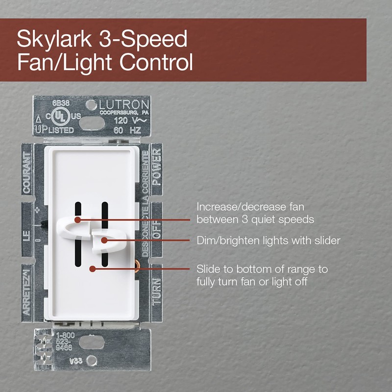 Lutron Skylark 3-Speed Combination Fan and Light Control, 1.5 Amp,