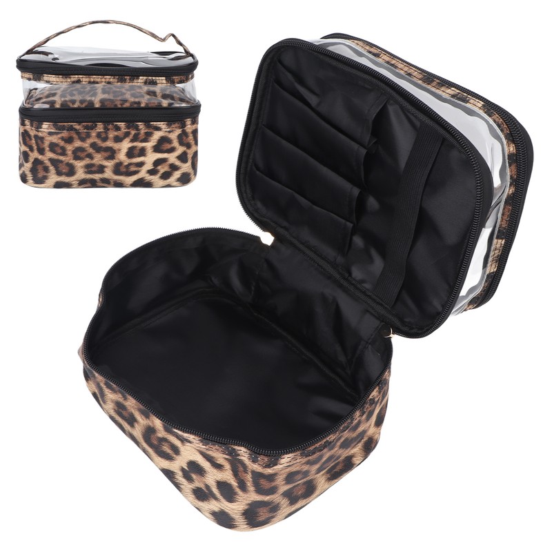 Double Layer Cosmetic Bag PVC Leopard Print Design Portable Large