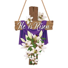 JUESMOS He is Risen Door Decorations 13.8"x9" Easter Religious Cross Sign Easter Christian Lily Flowers Easter Decor Jesus Hanger for Front Door Home Porch Wall Spring Decorations Easter Party