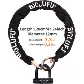 BIGLUFU Motorcycle Chain Lock 120cm/4ft Heavy Duty Bike Chain Lock Anti-Theft Durable Cut Proof 12mm Thick Security Bicycle Chain for Moped,Scooter,Motorcycles,Bike, Generator, Gates, Bicycle, Scooter