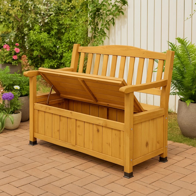Cedar 44" Outdoor Wooden Storage Bench w/ Armrest & Backrest