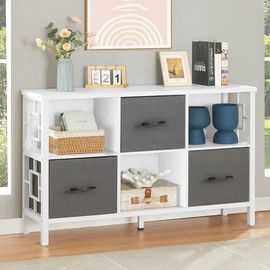 HOMISSUE 6 Cube Storage Organizer Shelf, Rustic Short Bookshelf with 3 Storage Bins, Industrial Horizontal Bookshelf with Metal Frame, Low and Wide Cube Bookcase for Living Room and Office, White