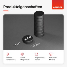 GAUDER Magnets for Magnetic Board (12 mm x 5 mm) | 200 x Strong Magnets for Whiteboard, Notice Board & Fridge | Magnets Black