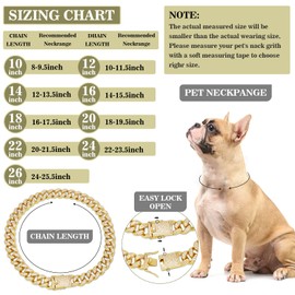 Gold Dog Chain Diamond Cuban Collar Walking Metal Chain Collar with Design Secure Buckle,Pet Cuban Collar Jewelry Accessories for Dogs Cats(12inch)