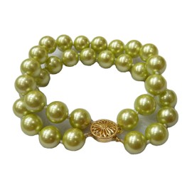 Schmuckwilli 2-row pearl bracelet for women - with green round Mallorca beads - elegant bracelet with shell pearls for any occasion - the pearl bangle - pearl bracelet for women and girls, Shell,