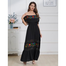 Mexican Dress for Women Floral Embroidered Dress Off Shoulder Long Maxi Dress Traditional Ethnic Cinco De Mayo Fiesta Party Outfit Summer Beach Holiday Vacation Boho Dress Black L