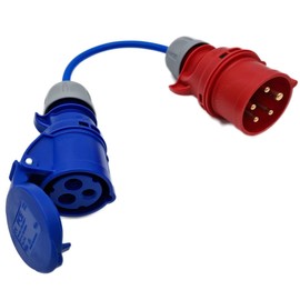 UK Made 3-Phase to Single Phase 16A 5-Pin Red Plug to 16A 3-Pin 230v Coupler Socket. 1.5mm Fly Lead for DG Mains