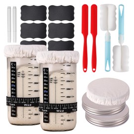 VONAHAST Sourdough Starter Jar Kit - 2 Sets 32oz Glass Jar with Stainless Steel Lid & Cloth Cover, Wide Mouth Container, Feeding Band, Labels & Marker for Bread Baking Essentials