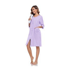 COLORFULLEAF Women's 100% Cotton Robe Lightweight 3/4 Sleeve Zip Front Robes Soft Knee Length Bathrobe Housecoat, Light Purple, Medium
