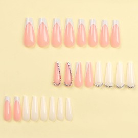 BAOYAALIN White Long Press on Nails Coffin Fake Nails with Rhinestones Design Gel Glue on Nails for Women Girls Full Cover Acrylic False Stick on Nail Manicure for Wedding Birthday 24Pcs