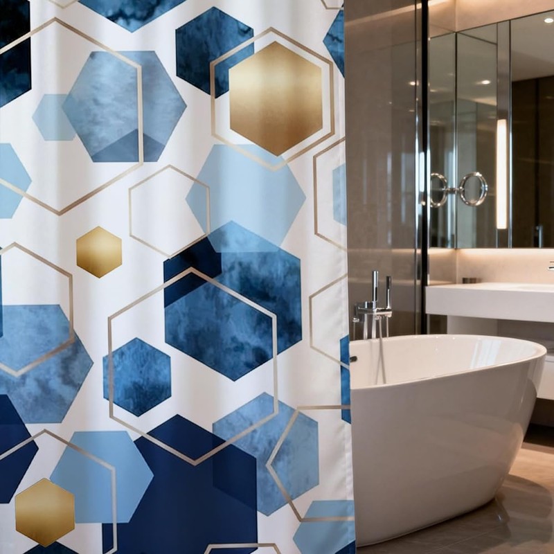 Indigo Gold Geometric Honeycomb Shower Curtain Water-Resistant Polyester Bath Curtain