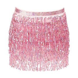 PETHOMEAU Sequin Tassel Skirts Rave Fringe Hip Scarf for Festival Sequin Wrap Party Rave Costume for Women Girls (Cotton, Pink)