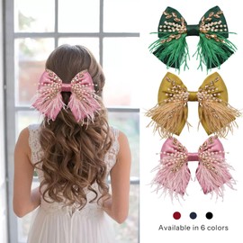 CROWN GUIDE Large Hair Bows Clips for Women Girls Silk Satin Hair Barrettes, Feather Coquette Bows Hair Ties Ribbon Bow Claw Clip Hair Accessories with Pearl Crystal Pink