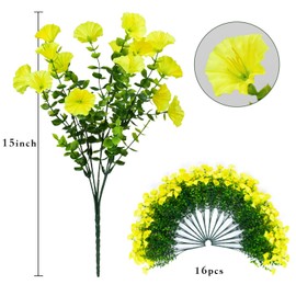 LikSoor 16 Bundles Artificial Flowers Outdoor Spring Summer Decoration Fake Silk Colorful Daisy Eucalyptus Realistic UV Outside Faux Plants for Garden Porch Window Box Home Decor Morning Glory Yellow