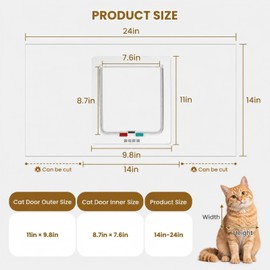 Cat Door for Window Insert, Fits 14-24 Inch, Clear Plexiglass, 4-Way Lock